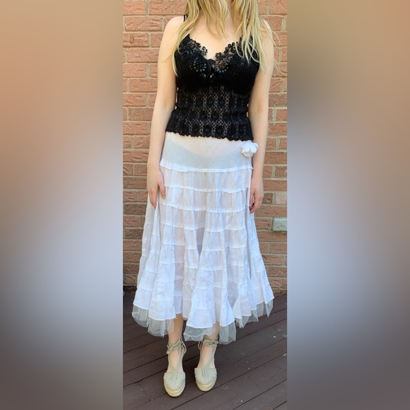 Beautiful White Linen long Skirt full circular Tiered Ruffles elastic waist US M - Picture 3 of 13